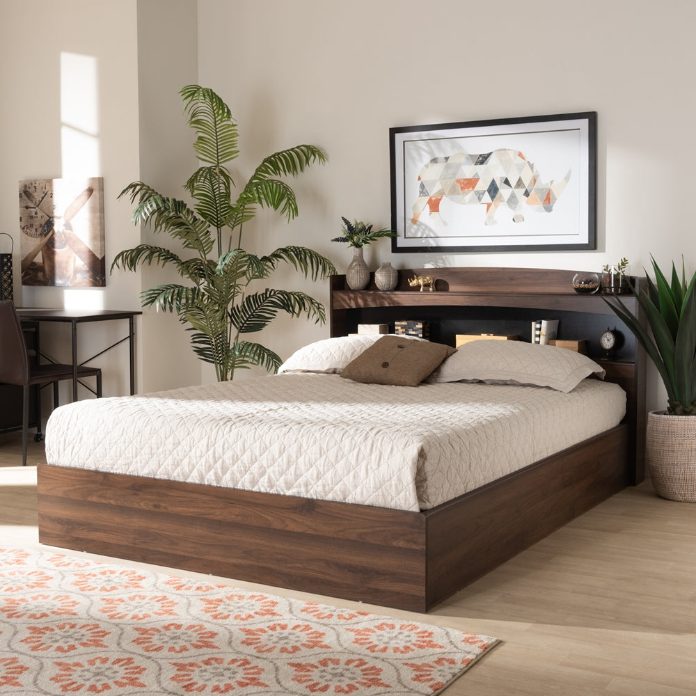 Christopher Rustic Walnut Brown Finished Queen Size Bed With Shelves