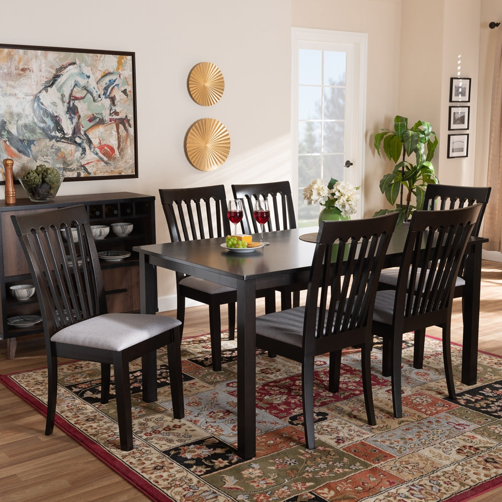 Minette Modern and Contemporary Grey Fabric Upholstered and Espresso Brown Finished Wood 7-Piece Dining Set