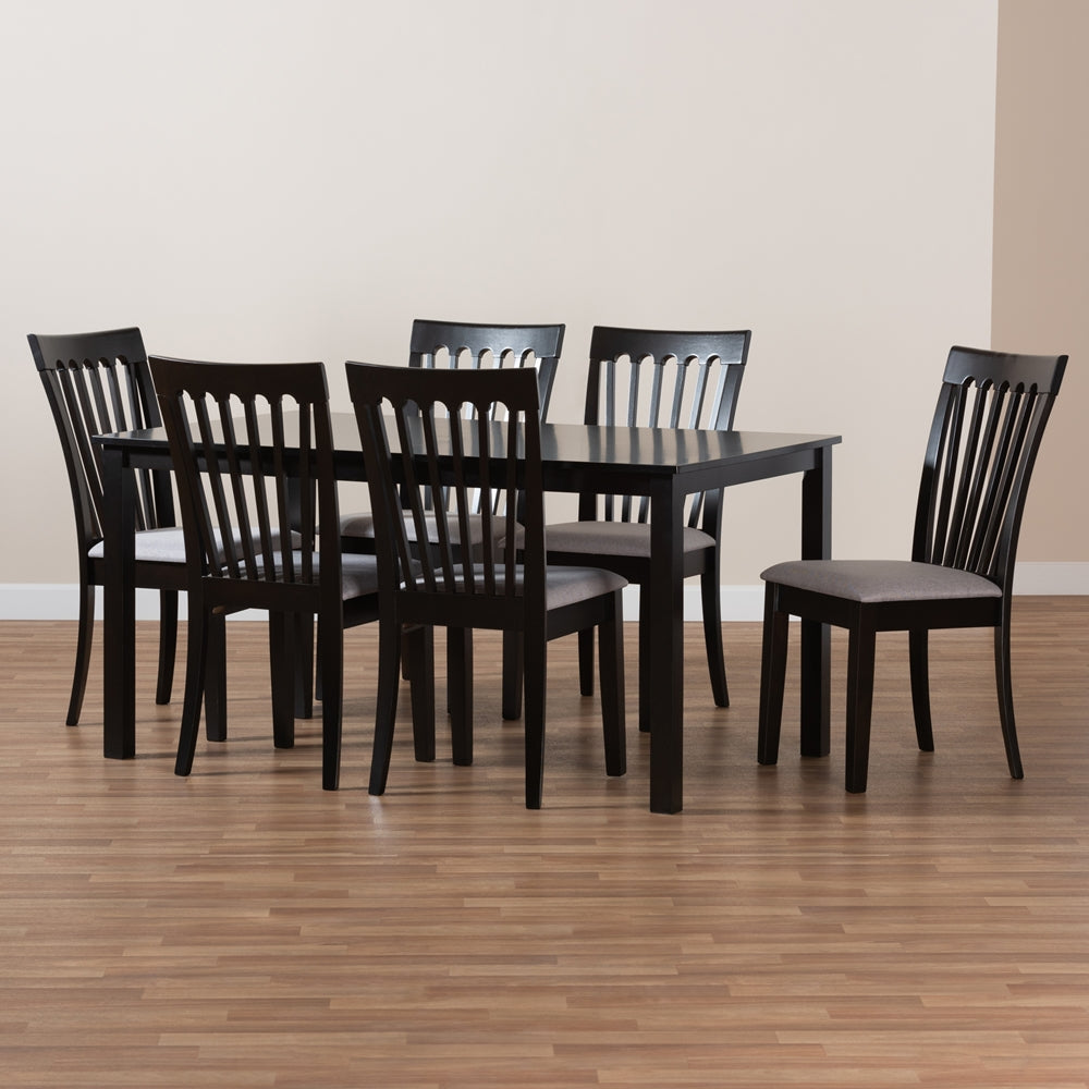 Minette Modern and Contemporary Grey Fabric Upholstered and Espresso Brown Finished Wood 7-Piece Dining Set