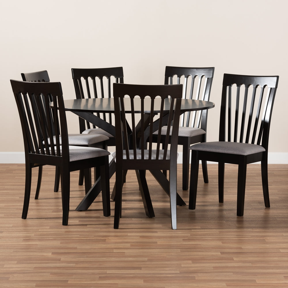 Lore Modern and Contemporary Grey Fabric Upholstered and Dark Brown Finished Wood 7-Piece Dining Set