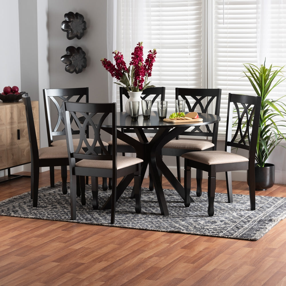 Maya Modern Beige Fabric and Espresso Brown Finished Wood 7-Piece Dining Set