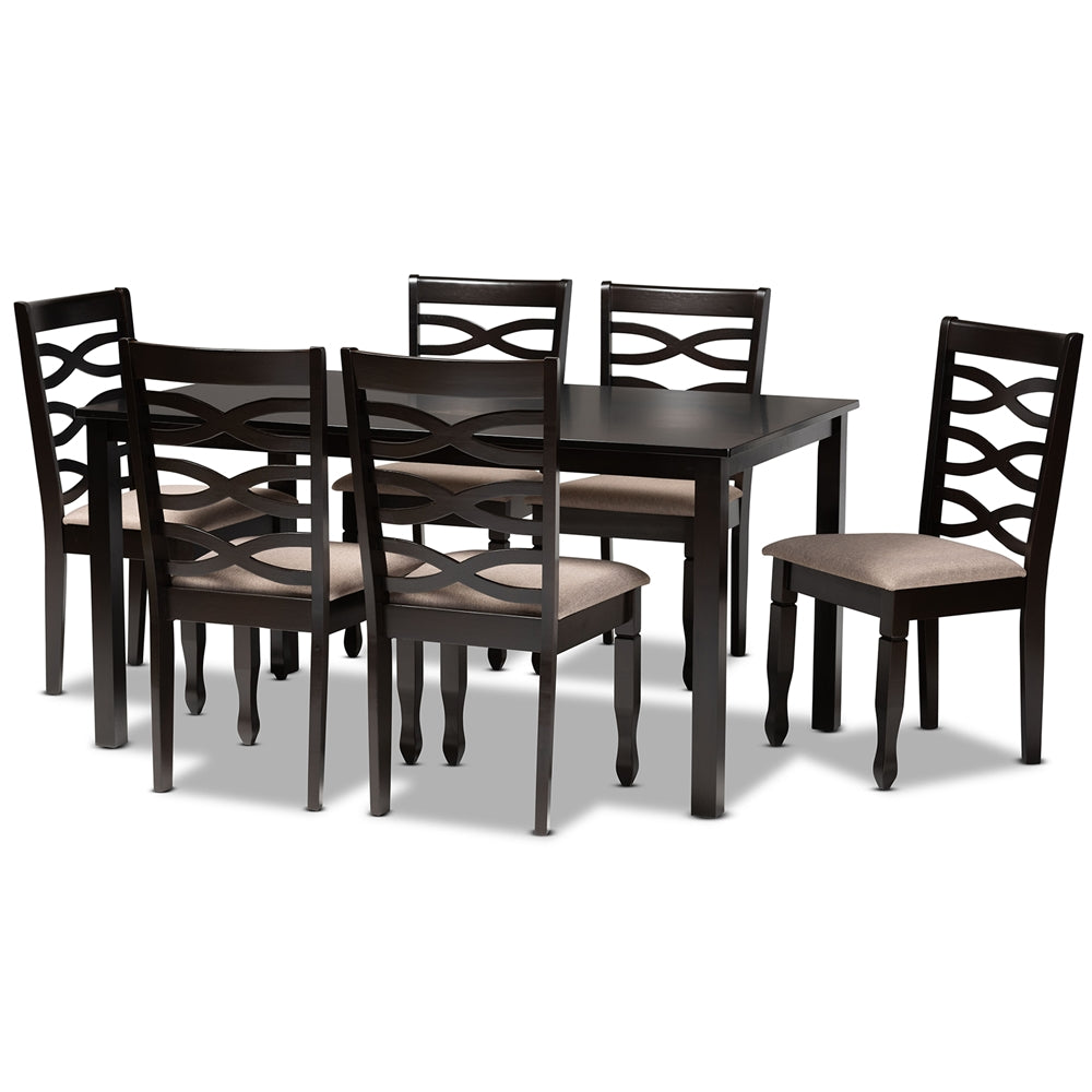 Lanier Modern and Contemporary Sand Fabric Upholstered Dark Brown Finished Wood 7-Piece Dining Set