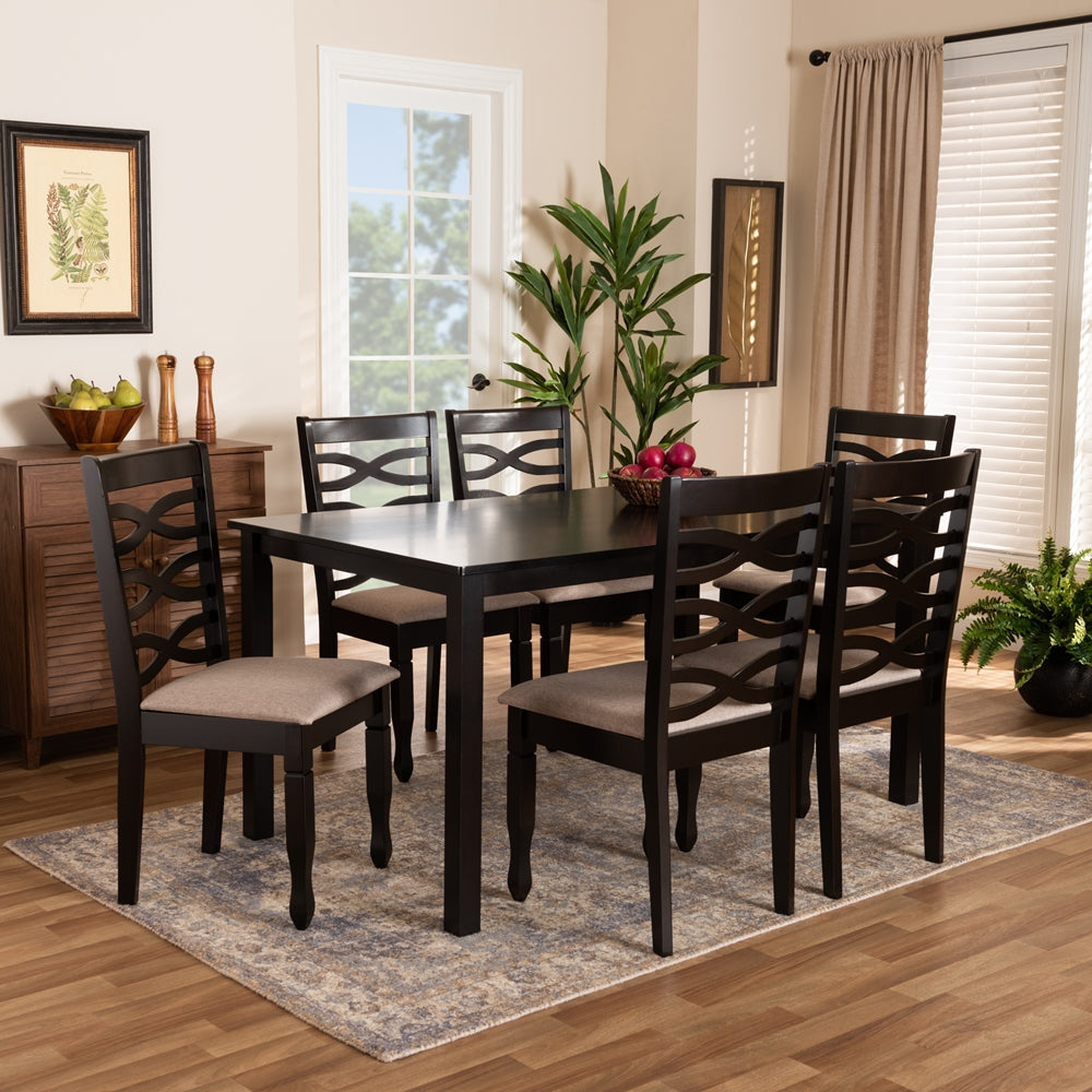 Lanier Modern and Contemporary Sand Fabric Upholstered Dark Brown Finished Wood 7-Piece Dining Set