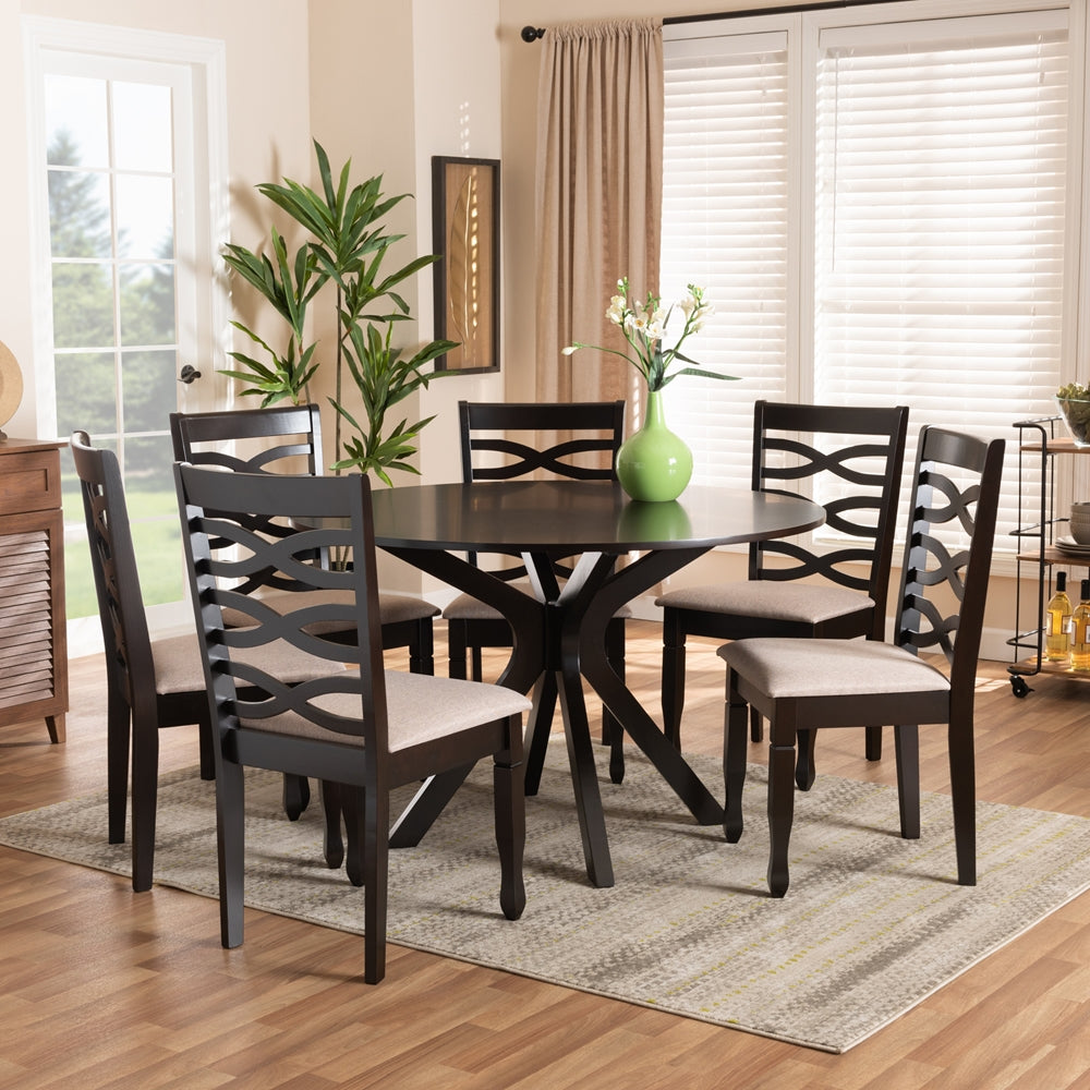 Mila Modern and Contemporary Sand Fabric Upholstered Dark Brown Finished Wood 7-Piece Dining Set