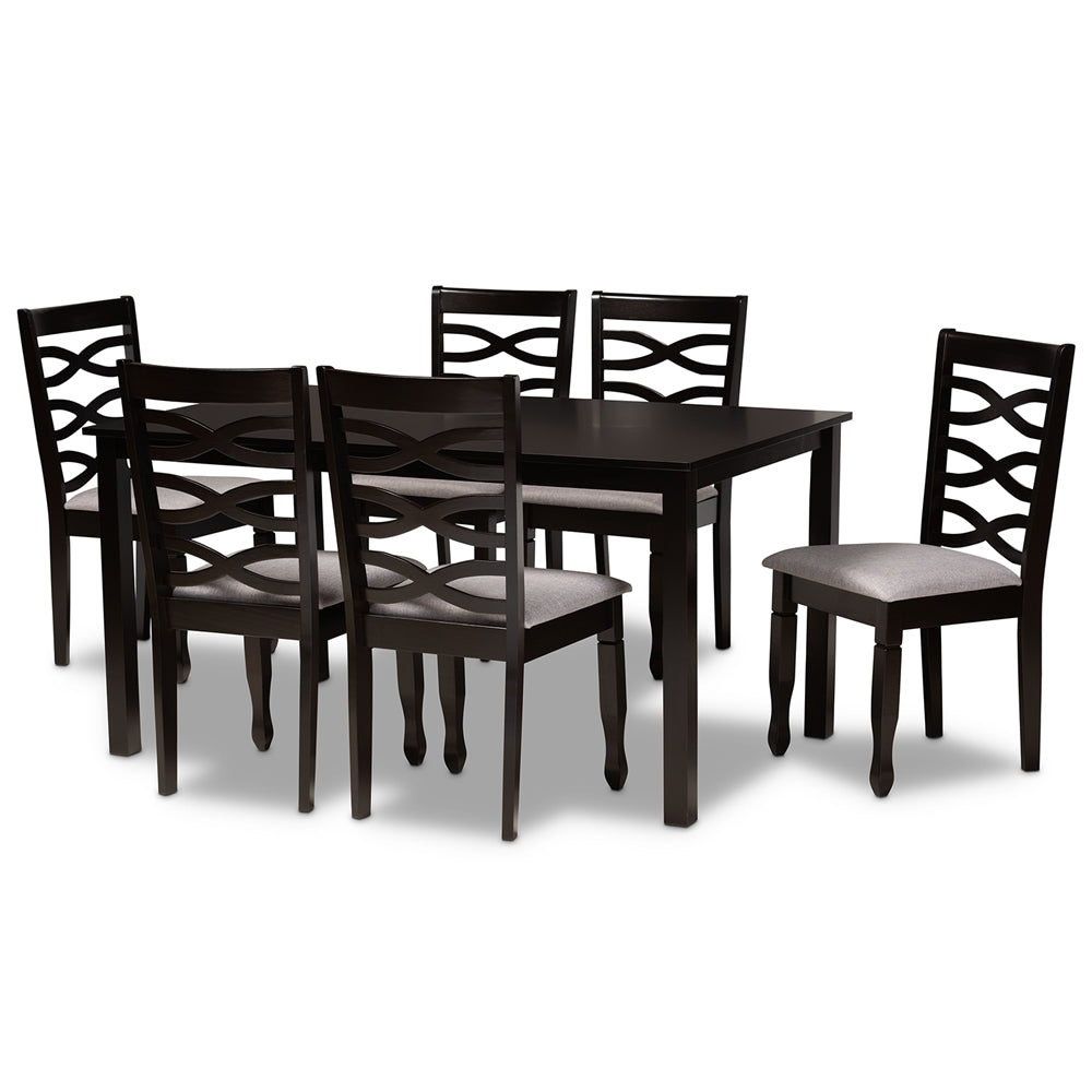 Lanier Modern and Contemporary Grey Fabric Upholstered and Dark Brown Finished Wood 7-Piece Dining Set