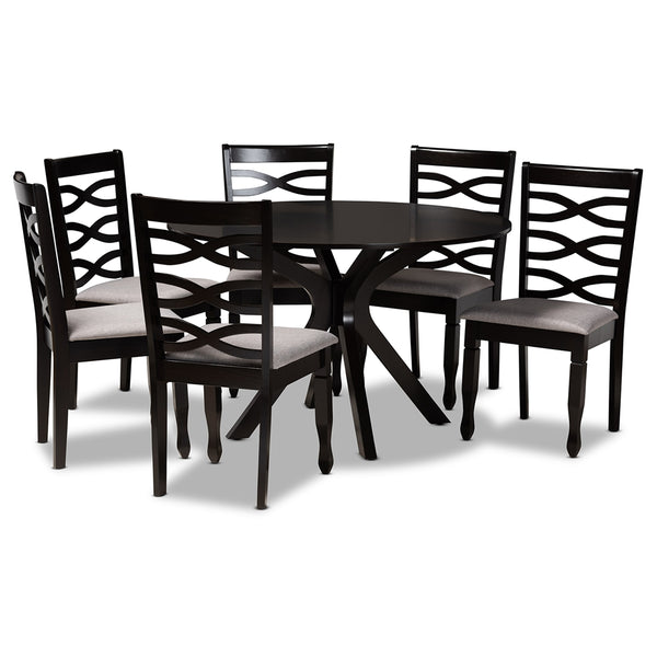 Mila Modern and Contemporary Grey Fabric Upholstered and Dark Brown Finished Wood 7-Piece Dining Set