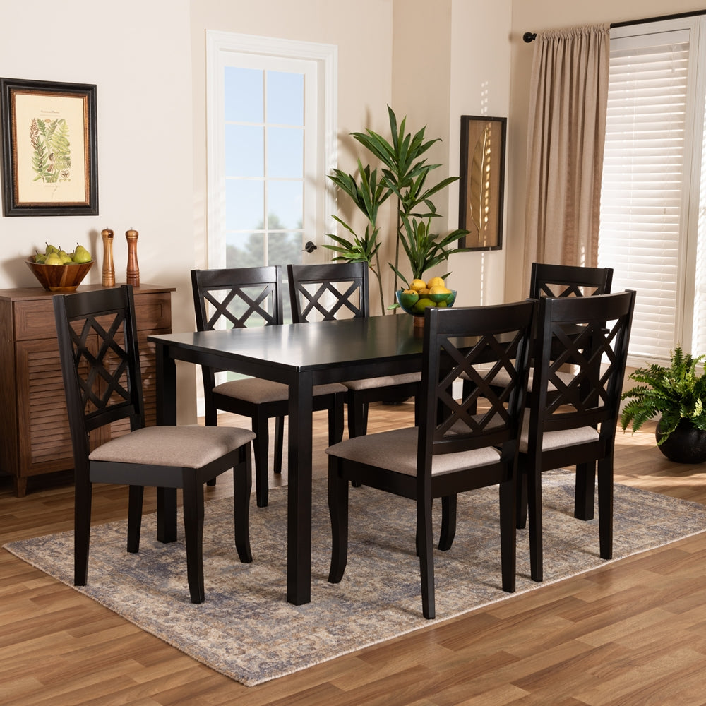 Verner Modern and Contemporary Sand Fabric Upholstered Dark Brown Finished 7-Piece Wood Dining Set