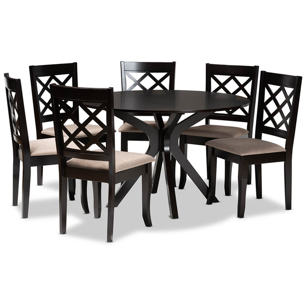 Jana Modern and Contemporary Sand Fabric Upholstered and Dark Brown Finished Wood 7-Piece Dining Set