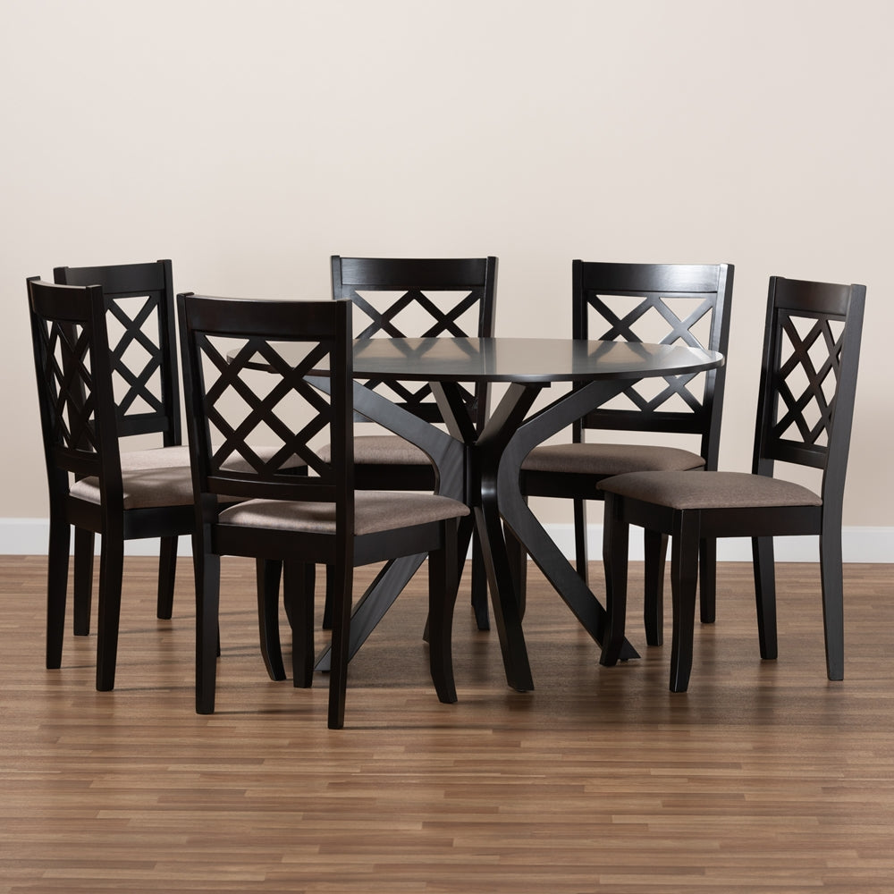 Jana Modern and Contemporary Sand Fabric Upholstered and Dark Brown Finished Wood 7-Piece Dining Set