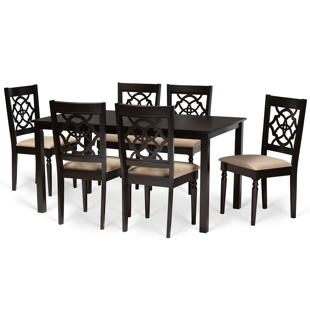 Renaud Modern and Contemporary Sand Fabric Upholstered and Dark Brown Finished Wood 7-Piece Dining Set