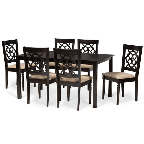 Renaud Modern and Contemporary Sand Fabric Upholstered and Dark Brown Finished Wood 7-Piece Dining Set