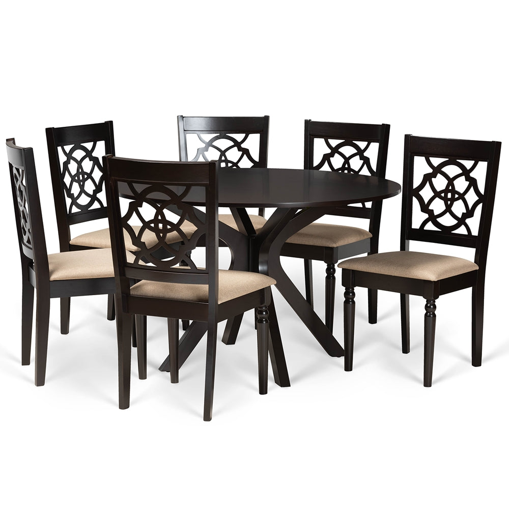 Sadie Modern and Contemporary Sand Fabric Upholstered and Dark Brown Finished Wood 7-Piece Dining Set