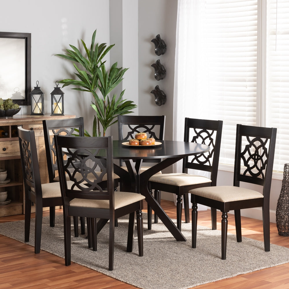 Sadie Modern and Contemporary Sand Fabric Upholstered and Dark Brown Finished Wood 7-Piece Dining Set
