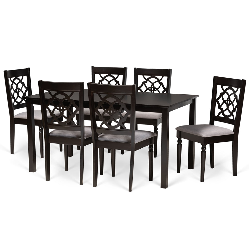Renaud Modern and Contemporary Grey Fabric Upholstered and Dark Brown Finished Wood 7-Piece Dining Set