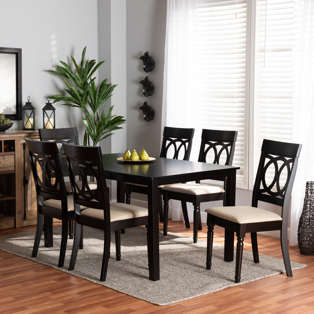 Lucie Modern and Contemporary Sand Fabric Upholstered and Dark Brown Finished Wood 7-Piece Dining Set