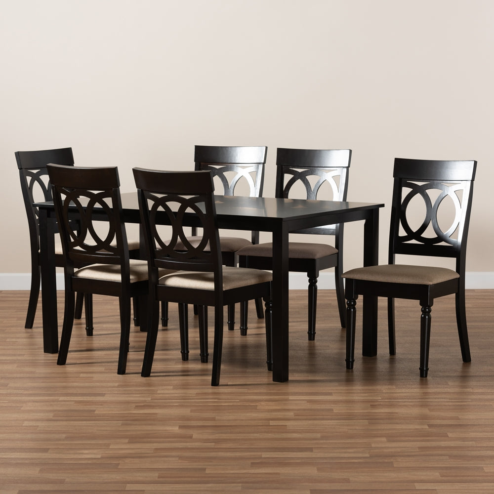 Lucie Modern and Contemporary Sand Fabric Upholstered and Dark Brown Finished Wood 7-Piece Dining Set