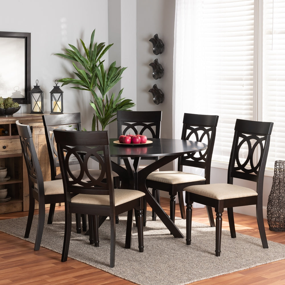 Jessie Modern and Contemporary Sand Fabric Upholstered and Dark Brown Finished Wood 7-Piece Dining Set