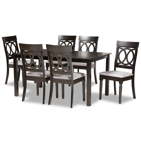 Lucie Modern and Contemporary Grey Fabric Upholstered and Dark Brown Finished Wood 7-Piece Dining Set