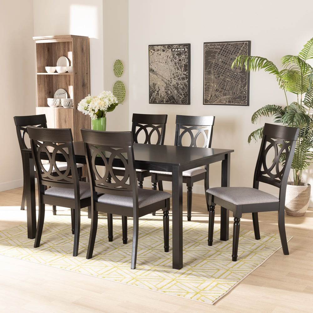 Lucie Modern and Contemporary Grey Fabric Upholstered and Dark Brown Finished Wood 7-Piece Dining Set