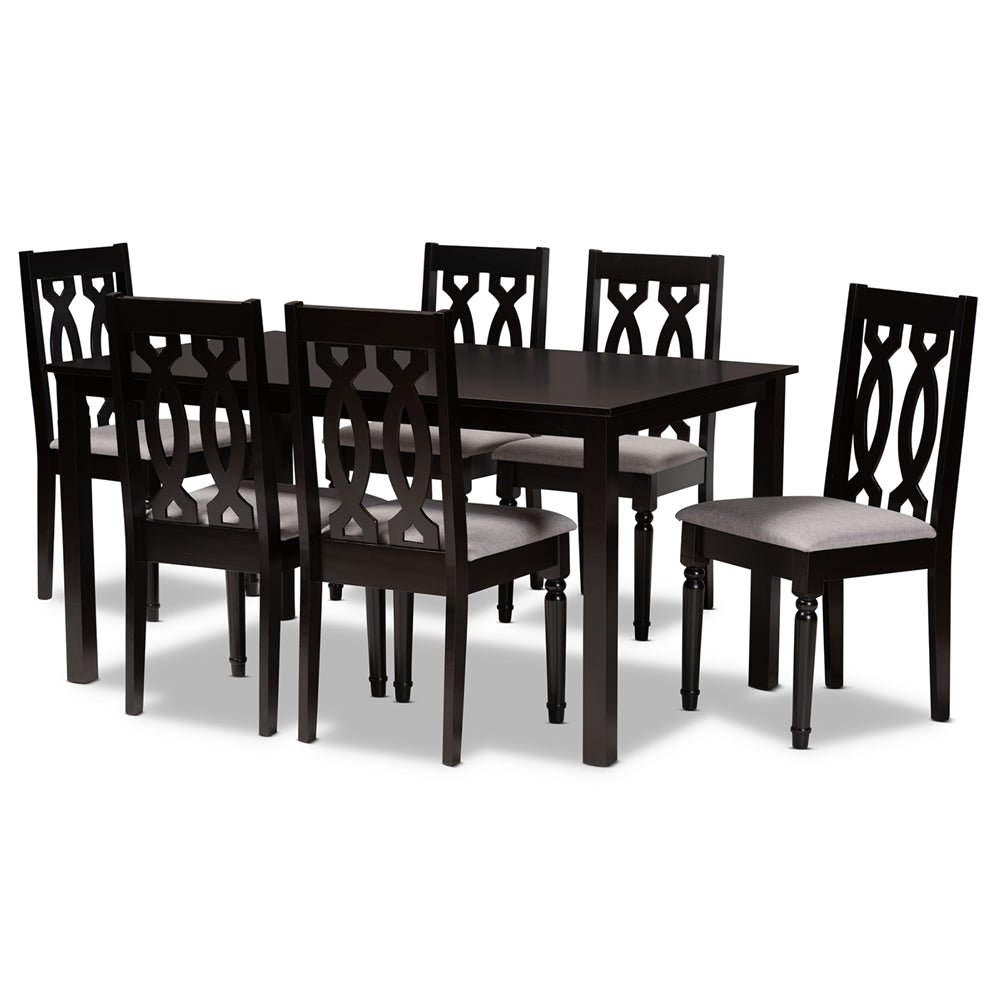 Cherese Modern and Contemporary Grey Fabric Upholstered and Dark Brown Finished Wood 7-Piece Dining Set
