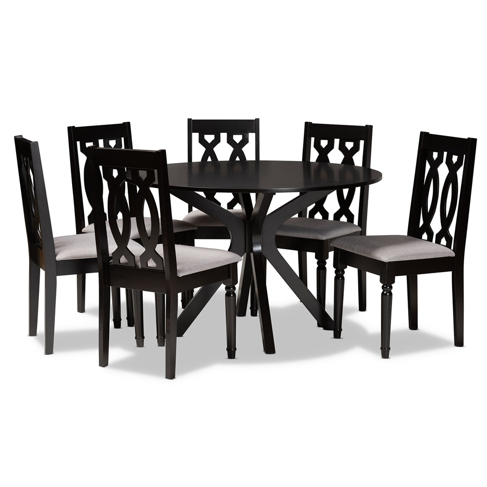 Callie Modern and Contemporary Grey Fabric Upholstered and Dark Brown Finished Wood 7-Piece Dining Set
