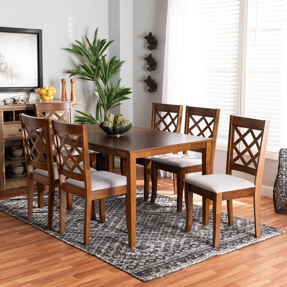 Verner Modern and Contemporary Grey Fabric Upholstered and Walnut Brown Finished Wood 7-Piece Dining Set