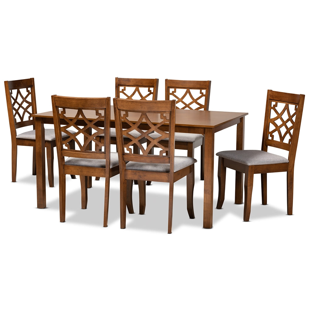 Mael Modern and Contemporary Grey Fabric Upholstered and Walnut Brown Finished Wood 7-Piece Dining Set