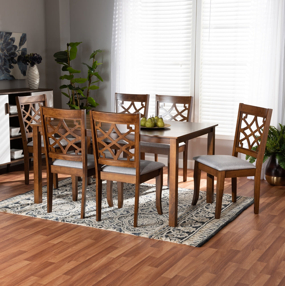 Mael Modern and Contemporary Grey Fabric Upholstered and Walnut Brown Finished Wood 7-Piece Dining Set