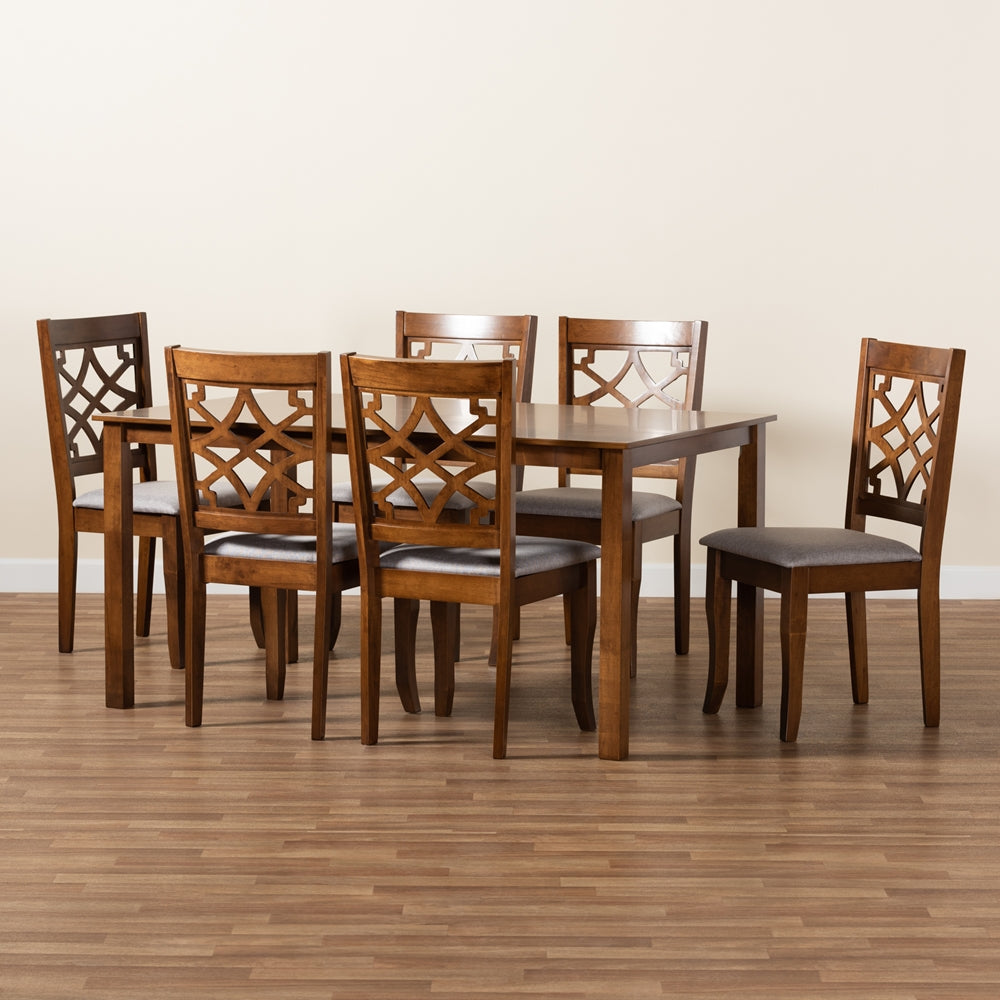 Mael Modern and Contemporary Grey Fabric Upholstered and Walnut Brown Finished Wood 7-Piece Dining Set