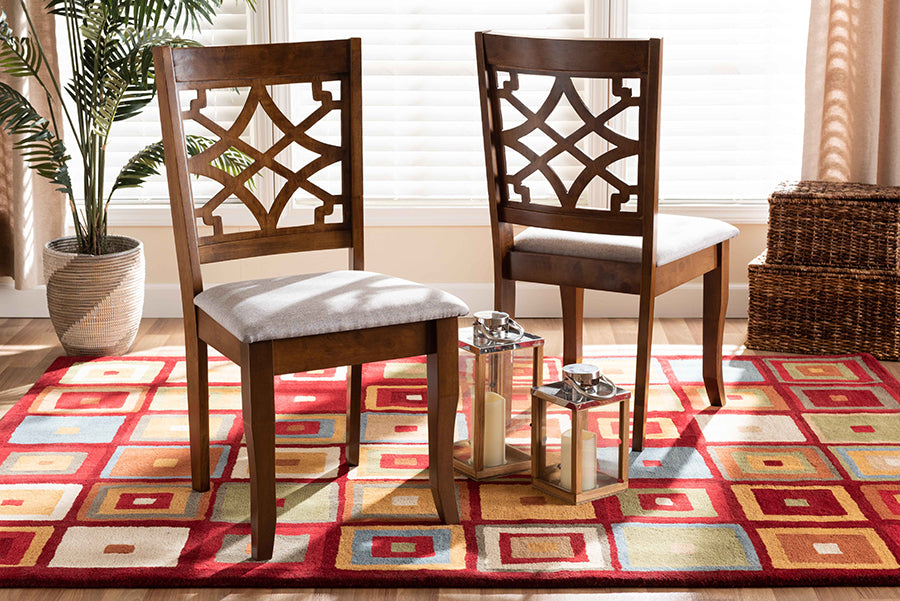 Mael Modern and Contemporary Grey Fabric Upholstered and Walnut Brown Finished Wood 2-Piece Dining Chair Set