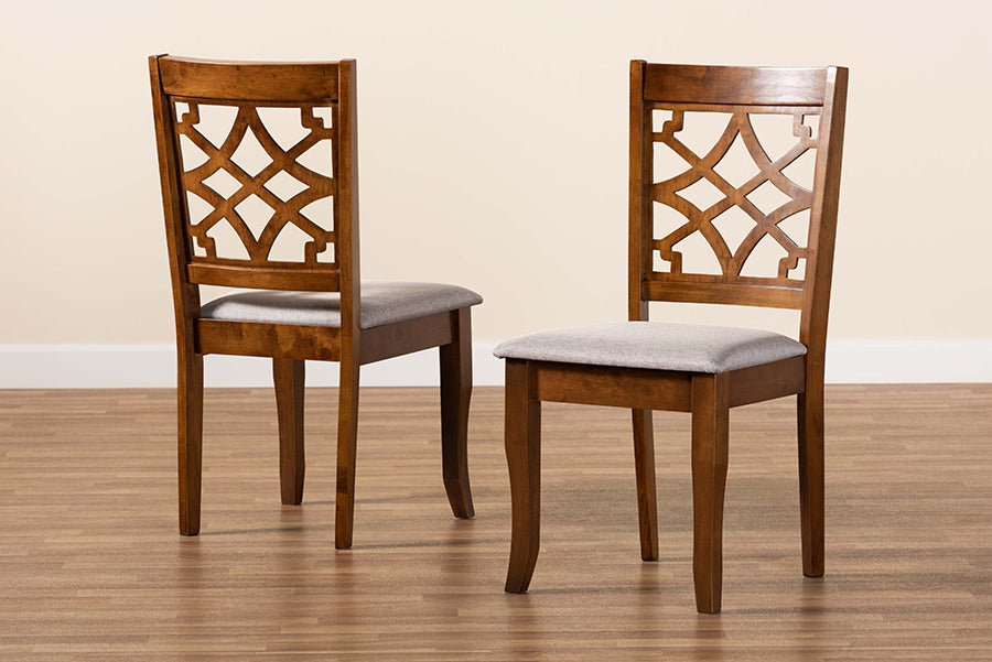 Mael Modern and Contemporary Grey Fabric Upholstered and Walnut Brown Finished Wood 2-Piece Dining Chair Set