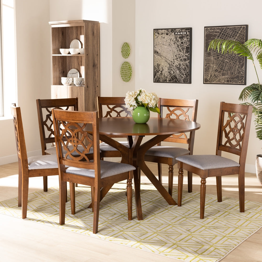 Sadie Modern and Contemporary Grey Fabric Upholstered and Walnut Brown Finished Wood 7-Piece Dining Set