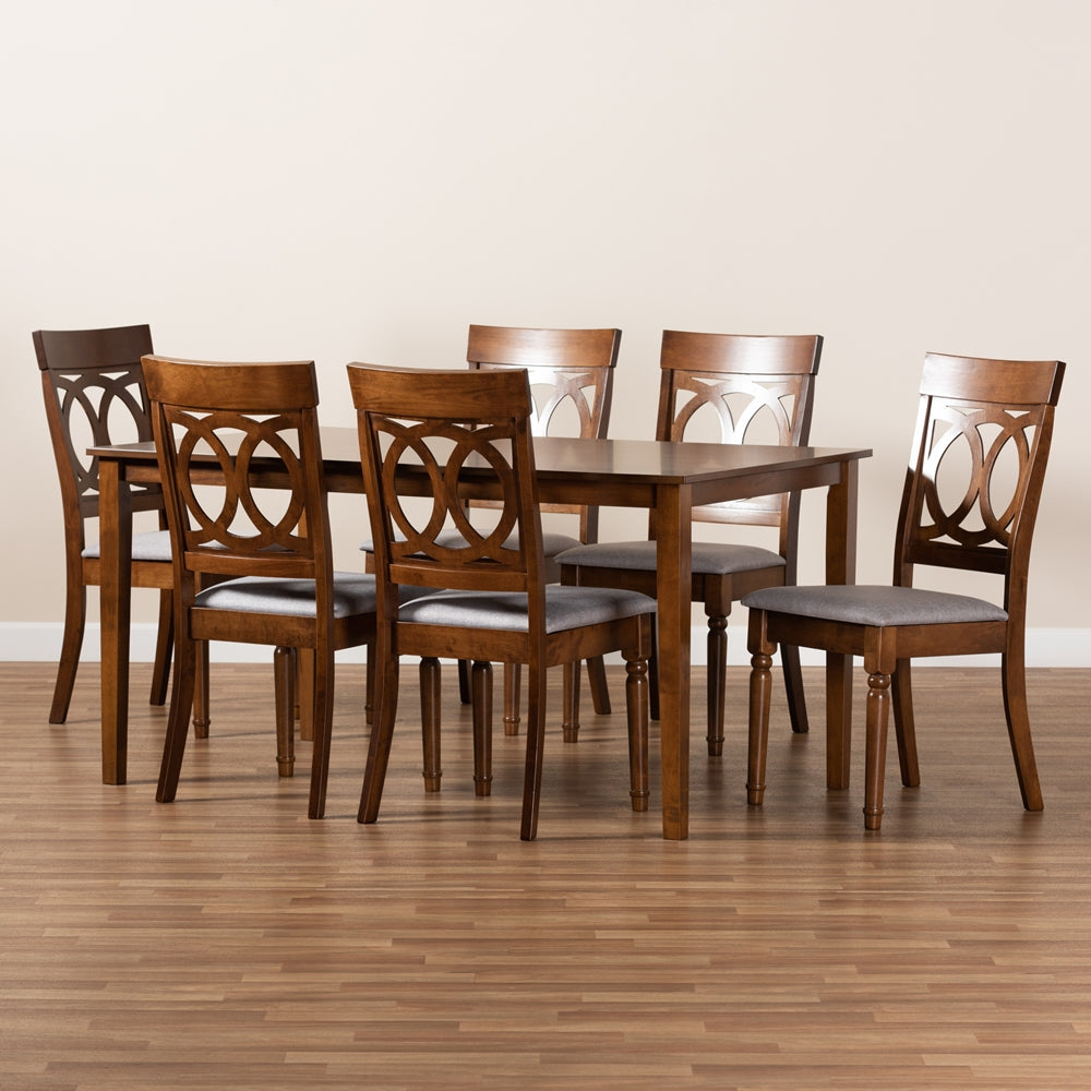 Lucie Modern and Contemporary Grey Fabric Upholstered and Walnut Brown Finished Wood 7-Piece Dining Set