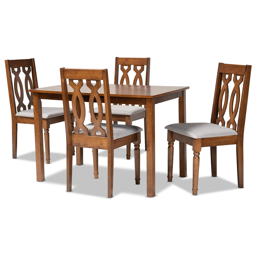 Cherese Modern and Contemporary Grey Fabric Upholstered and Walnut Brown Finished 5-Piece Wood Dining Set