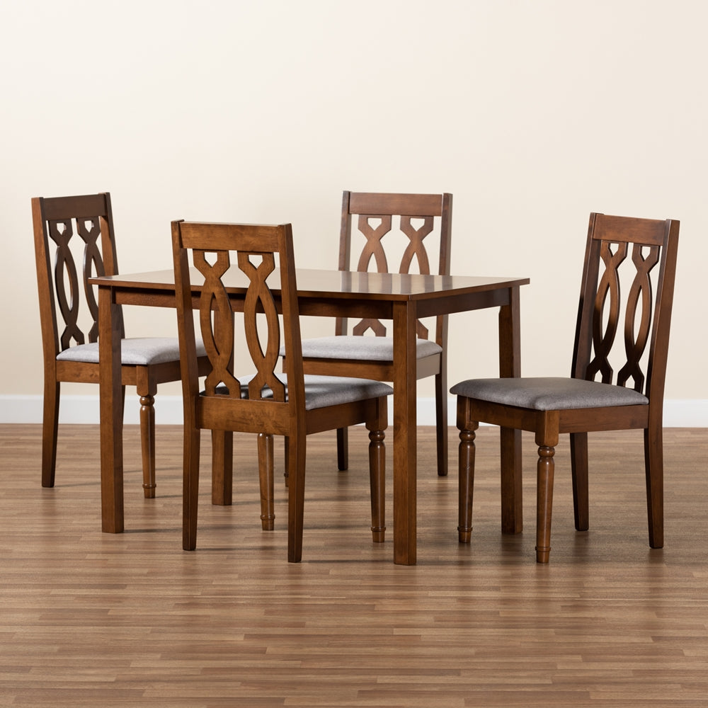Cherese Modern and Contemporary Grey Fabric Upholstered and Walnut Brown Finished 5-Piece Wood Dining Set