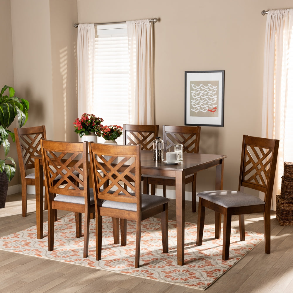 Caron Modern and Contemporary Grey Fabric Upholstered and Walnut Brown Finished Wood 7-Piece Dining Set
