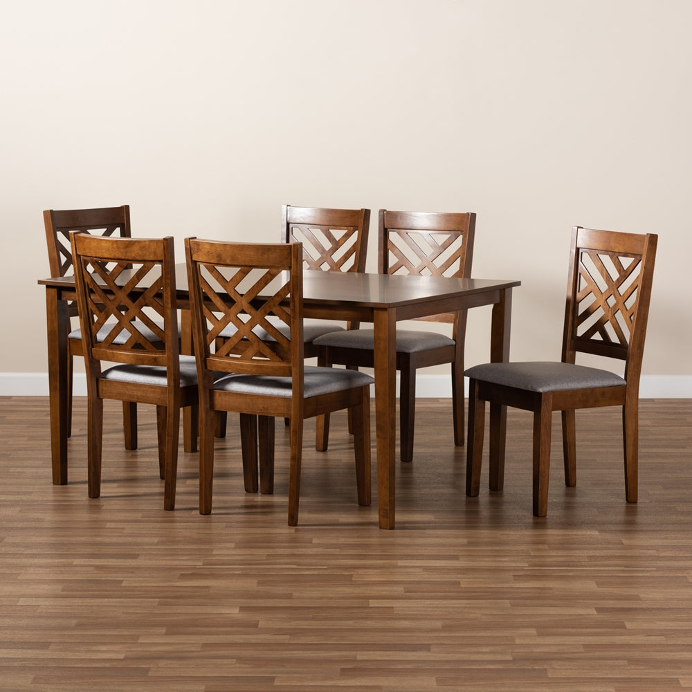 Caron Modern and Contemporary Grey Fabric Upholstered and Walnut Brown Finished Wood 7-Piece Dining Set