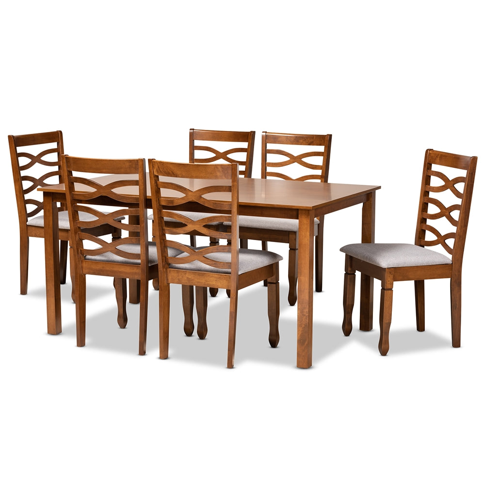 Lanier Modern and Contemporary Grey Fabric Upholstered and Walnut Brown Finished Wood 7-Piece Dining Set