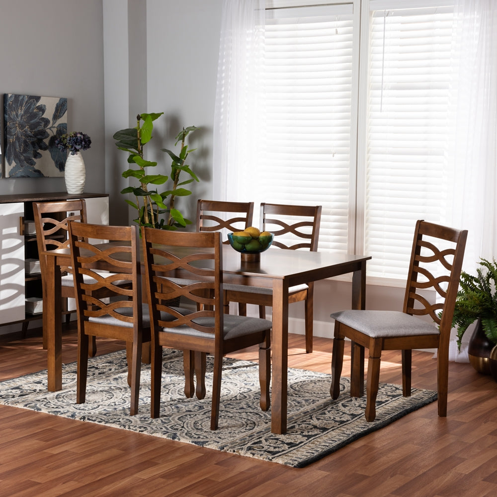 Lanier Modern and Contemporary Grey Fabric Upholstered and Walnut Brown Finished Wood 7-Piece Dining Set