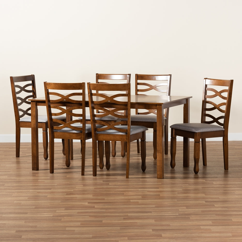 Lanier Modern and Contemporary Grey Fabric Upholstered and Walnut Brown Finished Wood 7-Piece Dining Set