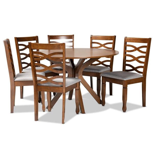 Mila Modern and Contemporary Grey Fabric Upholstered and Walnut Brown Finished Wood 7-Piece Dining Set