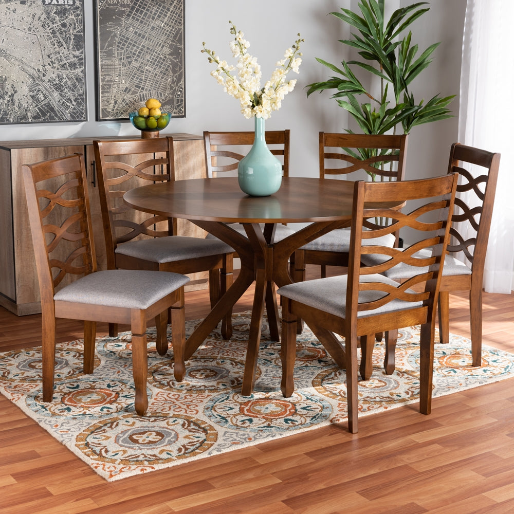 Mila Modern and Contemporary Grey Fabric Upholstered and Walnut Brown Finished Wood 7-Piece Dining Set