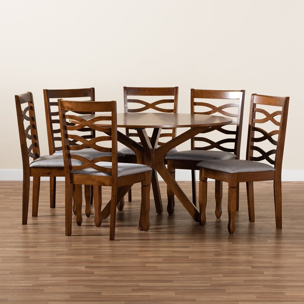 Mila Modern and Contemporary Grey Fabric Upholstered and Walnut Brown Finished Wood 7-Piece Dining Set