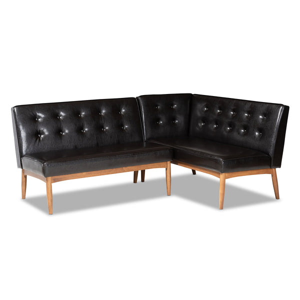 Arvid Mid-Century Modern Dark Brown Faux Leather Upholstered 2-Piece Wood Dining Nook Banquette Set