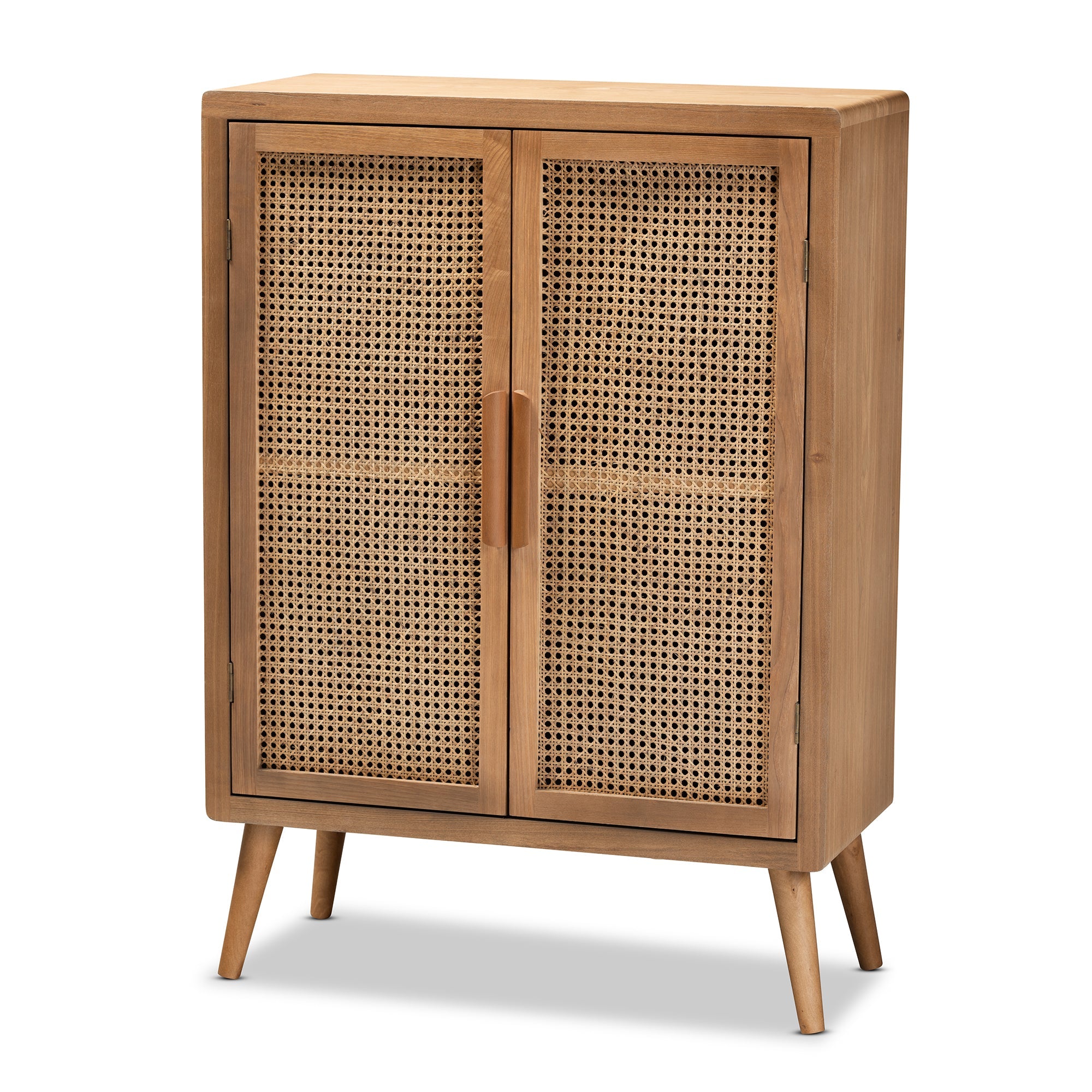 Alina Mid-Century Modern Medium Oak Finished Wood and Rattan 2-Door Accent Storage Cabinet