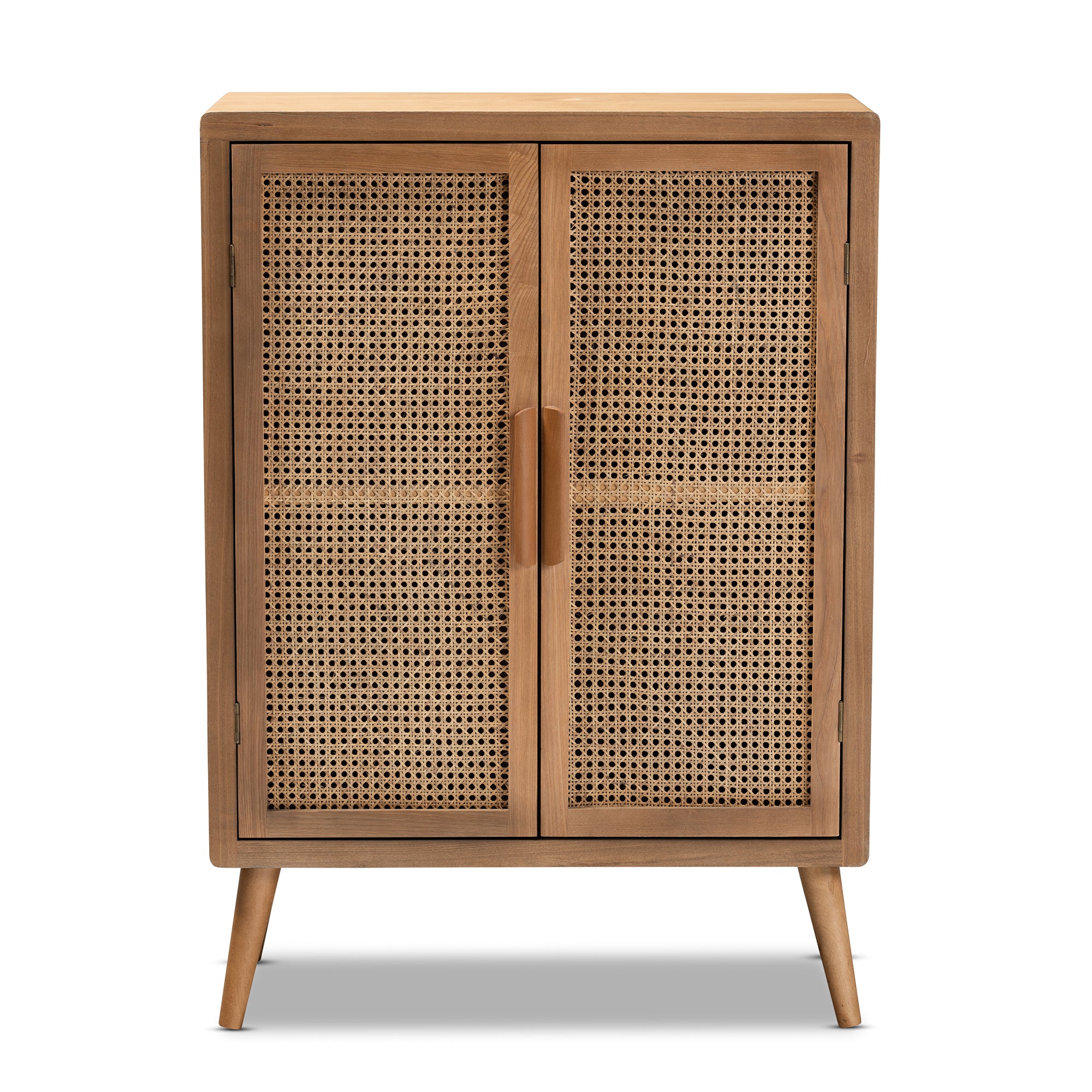 Alina Mid-Century Modern Medium Oak Finished Wood and Rattan 2-Door Accent Storage Cabinet