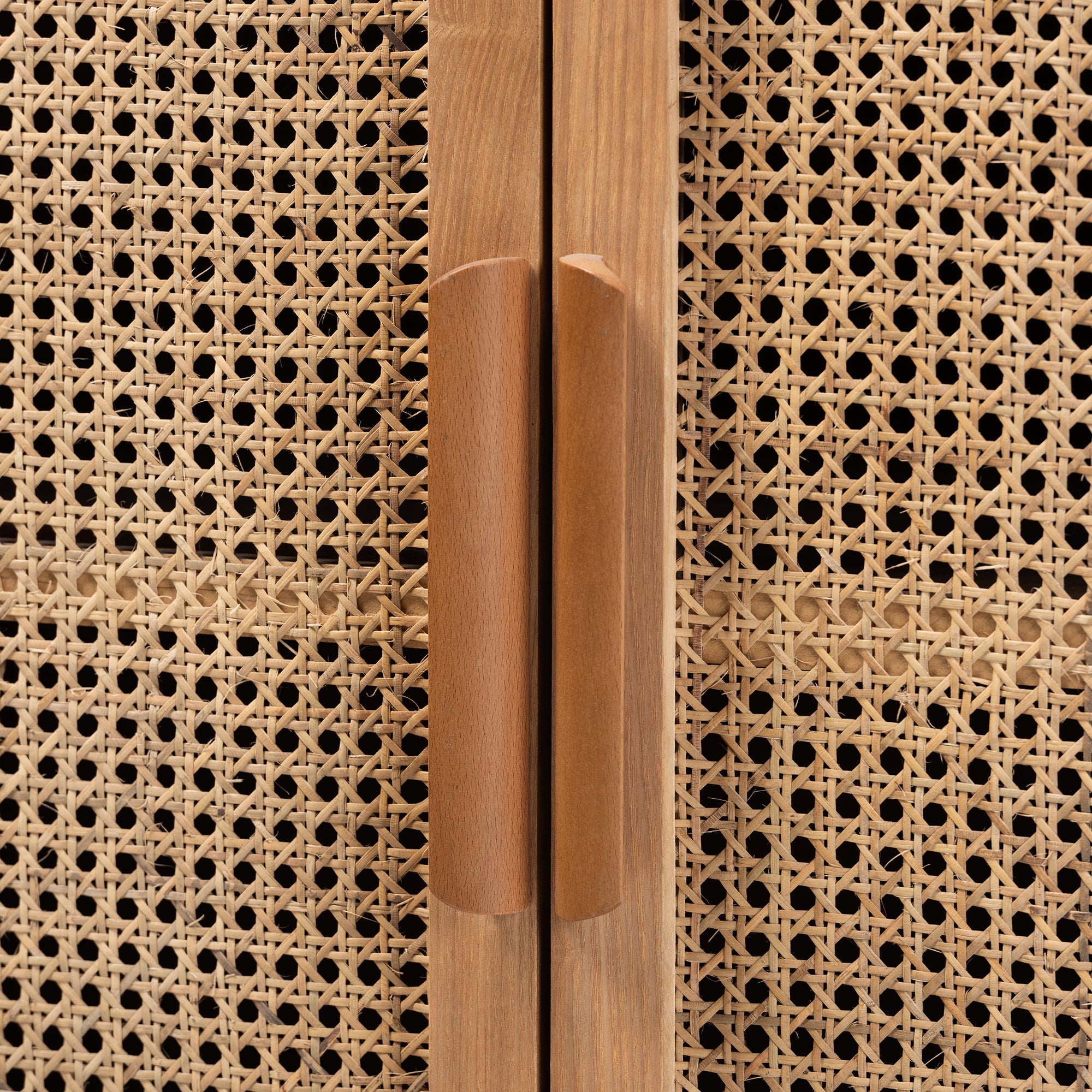 Alina Mid-Century Modern Medium Oak Finished Wood and Rattan 2-Door Accent Storage Cabinet