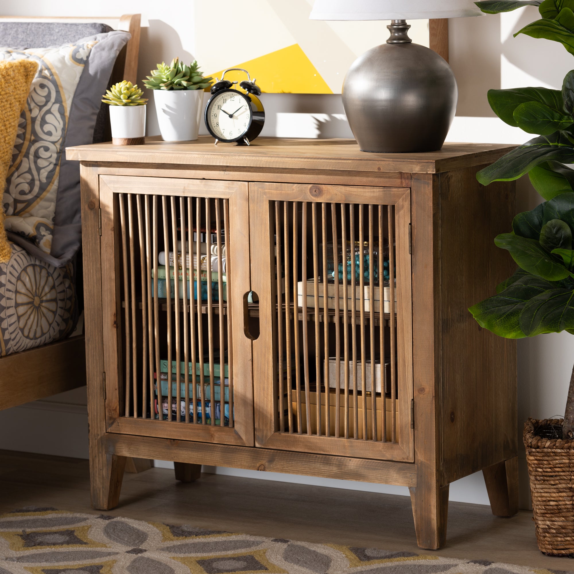 Clement Rustic Transitional Medium Oak Finished 2-Door Wood Spindle Accent Storage Cabinet