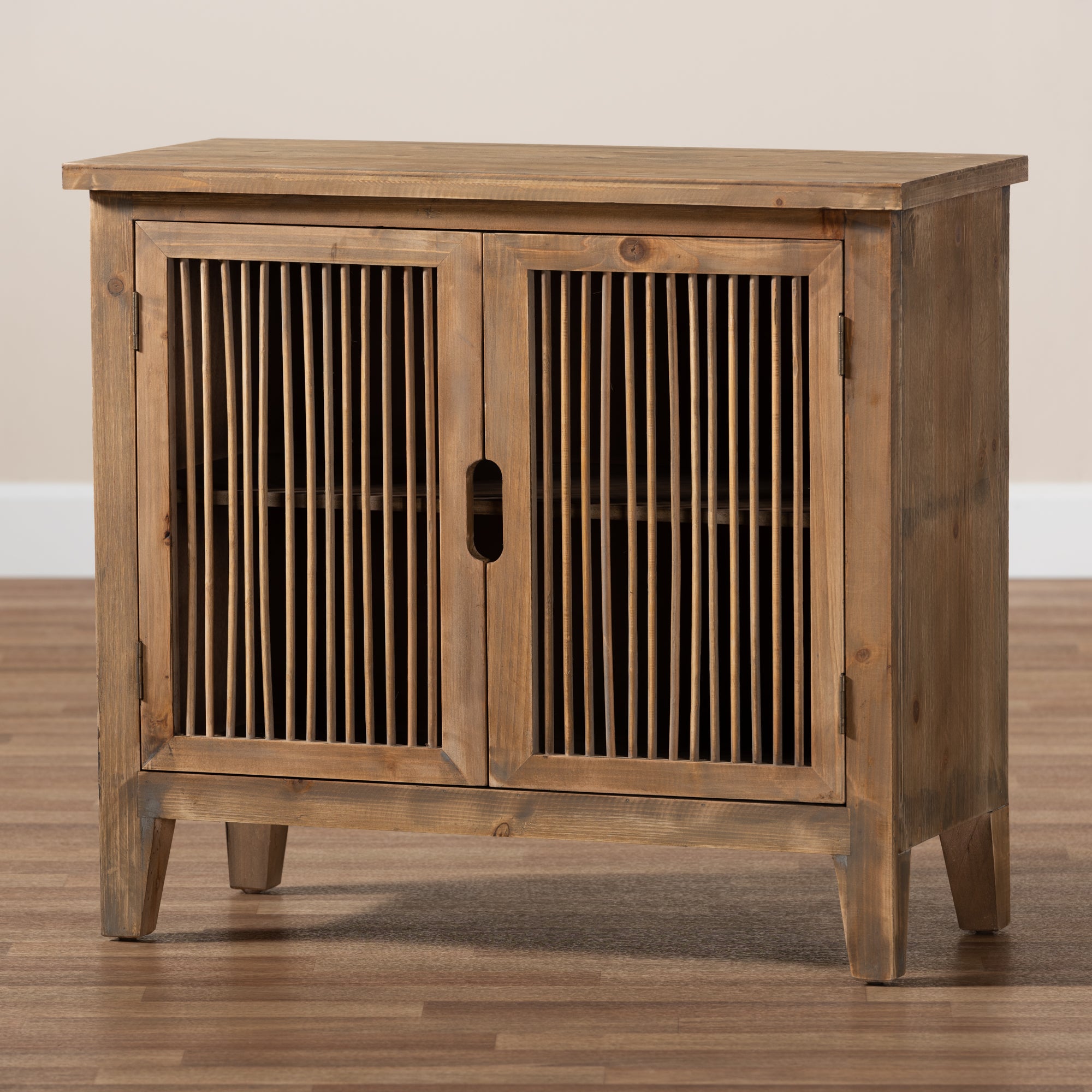 Clement Rustic Transitional Medium Oak Finished 2-Door Wood Spindle Accent Storage Cabinet