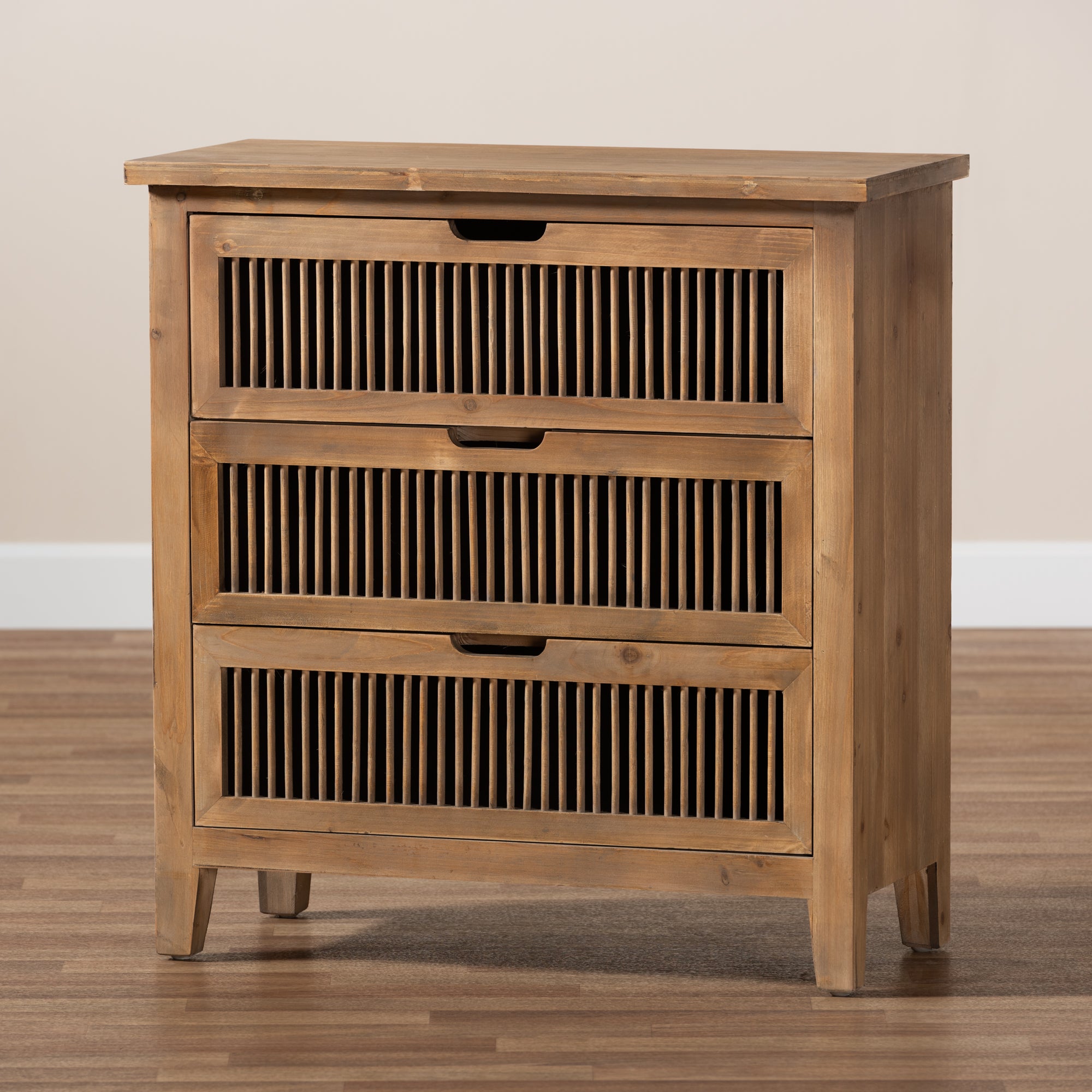 Clement Rustic Transitional Medium Oak Finished 3-Drawer Wood Spindle Storage Cabinet